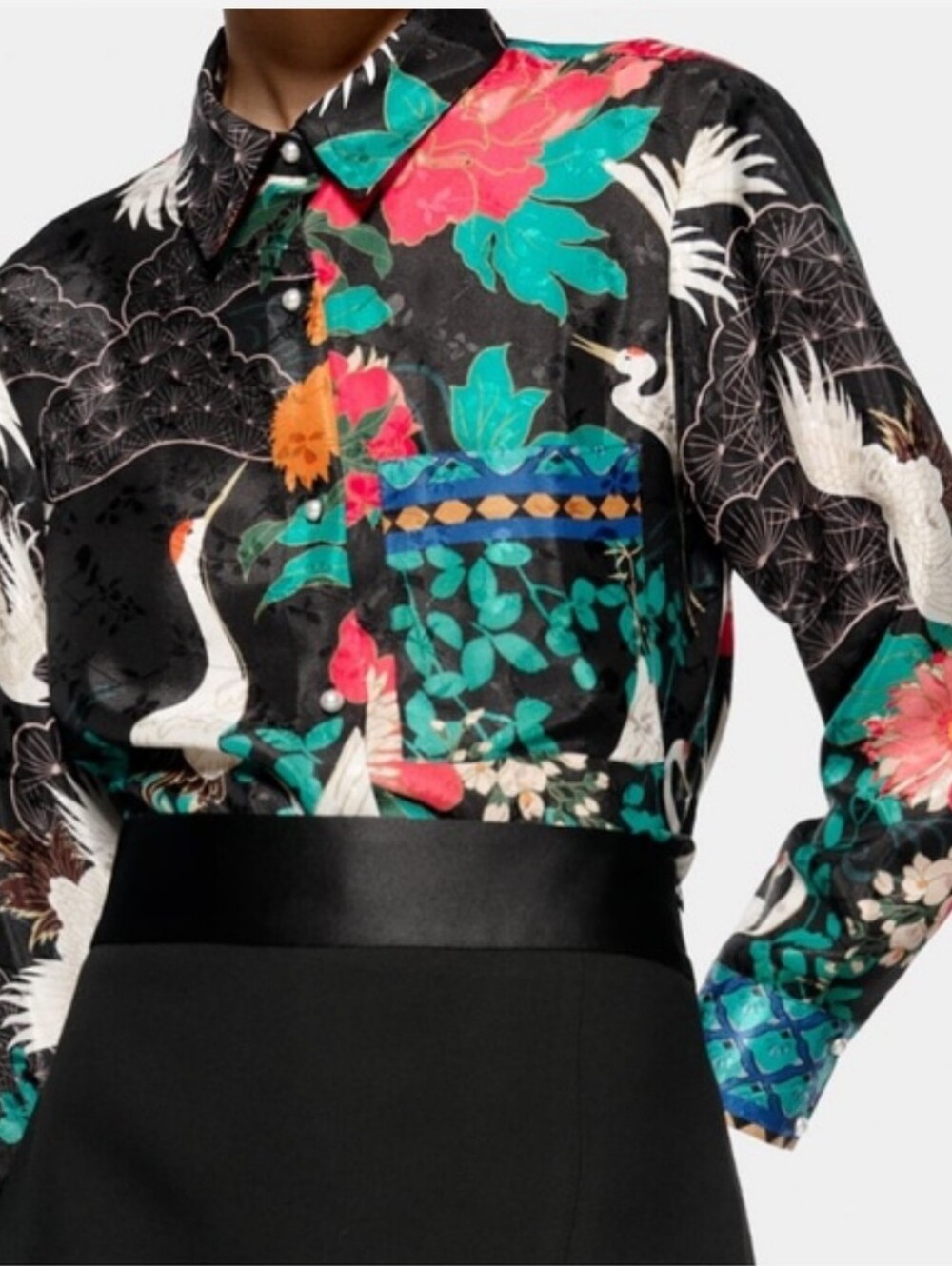 Zara Oriental Crane Satin Blouse Floral Bird Print Black Pink Green Size M - Picture 2 of 16